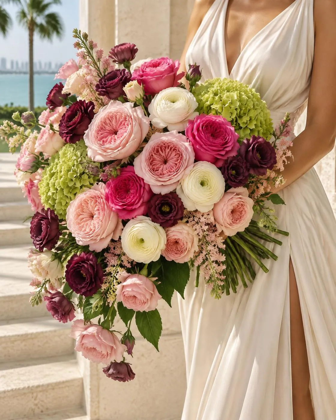 Opulent blush and ivory rose arrangement in a Miami studio